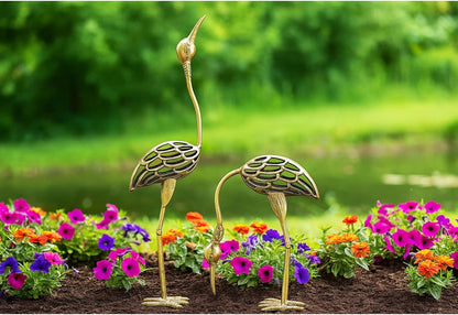 Seraphic Cast Iron Metal Crane/Heron Bird Garden Sculptures Statues for Indoor or Outdoor Lawn Decor, Rustic Bronze, Set of 2