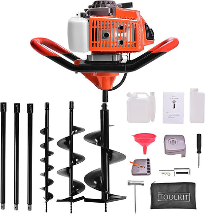 72CC Post Hole Digger,2-Stroke Auger Post Hole Digger Gas Powered Earth Digging Engine with 3 Auger Drill Bits (4"& 8" &12")+3 Extension Rods for Farm Garden Plant