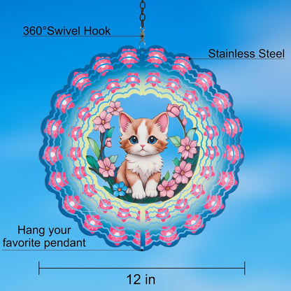 Metal Wind Spinners for Outdoor,Birthday Gifts for Women Mom Grandma, 12 Inch Cute Pink Cat Wind Spinner, Kinetic Sculpture Garden Decor for Ornament Gifts