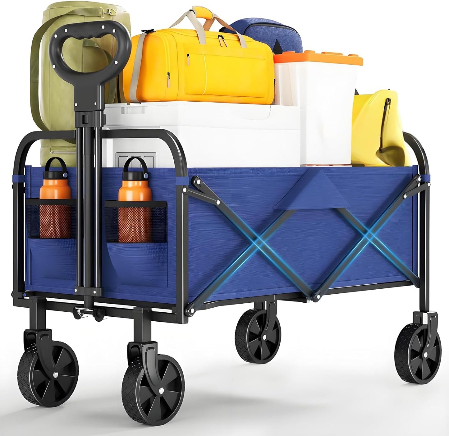 Collapsible Wagon Cart 380Lbs Capacity, Foldable Utility Portable Beach Wagon with All-Terrain Wheels, Adjustable Handle & Drink Holders, Carts with Wheels for Grocery, Camping, Shopping, Garden Cart