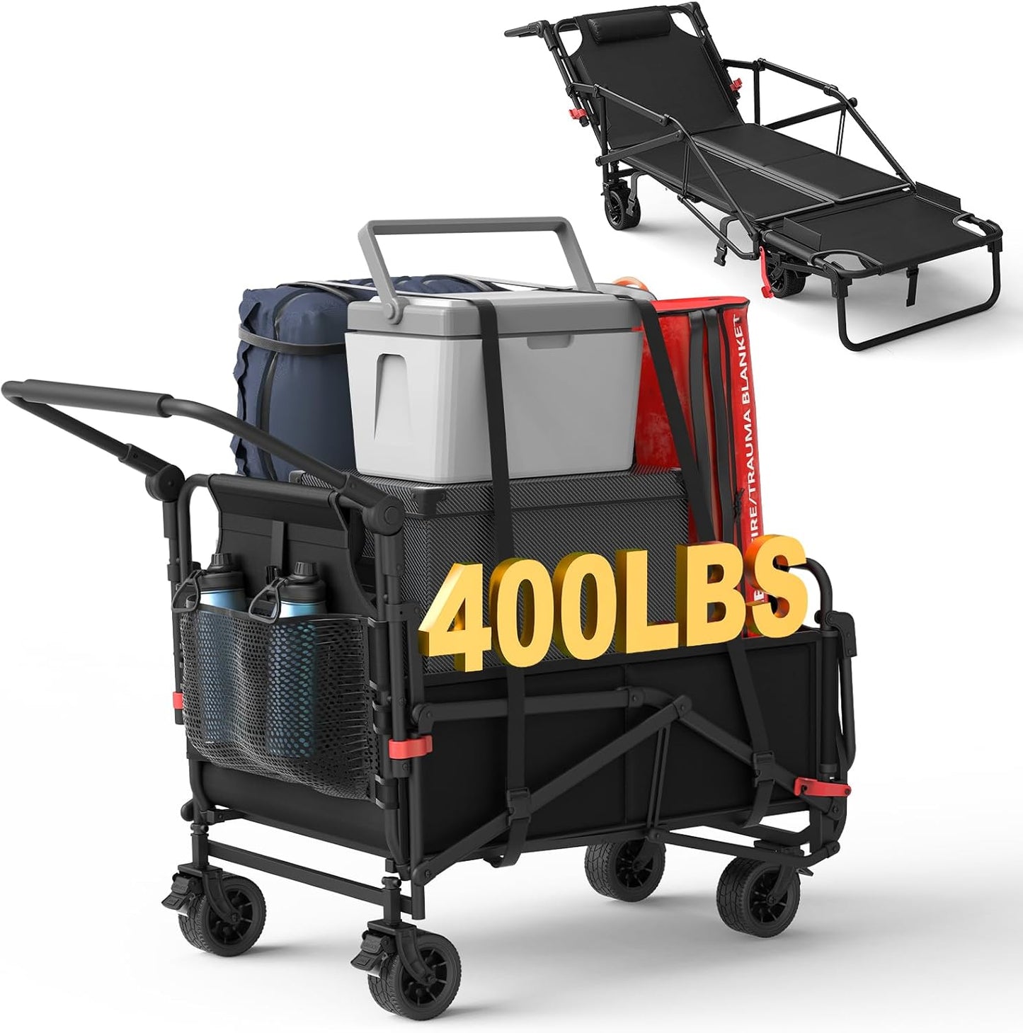 LEVELEVE Heavy Duty Folding Wagon - 2-in-1 Collapsible Cart, 400lb Capacity, All-Terrain Wheels w/Brakes & Side Pockets