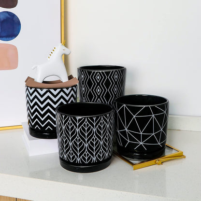 Ton Sin Flower Pots,5.5 Inch Black Ceramic Planter with Drainage Hole,Indoor Cylinder Plant Pots with Saucer,Cactus Succulent Outdoor Garden Pots Set of 4
