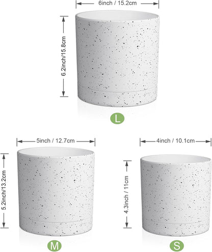 6/5/4 inch Plant Pots, 3 Pack Cylinder Flower Pots for Small Indoor Outdoor Plants, Plastic Planters with Drainage Holes and Saucers for Garden Succulent House Plants, Speckled White