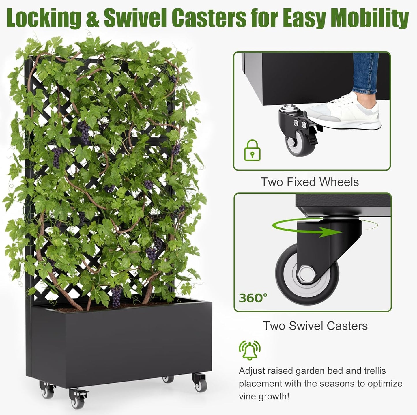Metal Raised Garden Bed with Trellis and Wheels,72"x 36"x 16" Planter Box with Trellis Privacy Screen,Planter with Trellis and Drainage Holes for Climbing Plants,Vegetables & Vines,Outdoor Plants