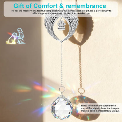 Pet Memorial Gifts for Loss of Dog or Cat, Crystal Suncatcher with Rainbow Light Effect and Angel Wing Design, Includes Fur Keepsake Keychain, Sympathy Gift Set for Remembrance & Bereavement