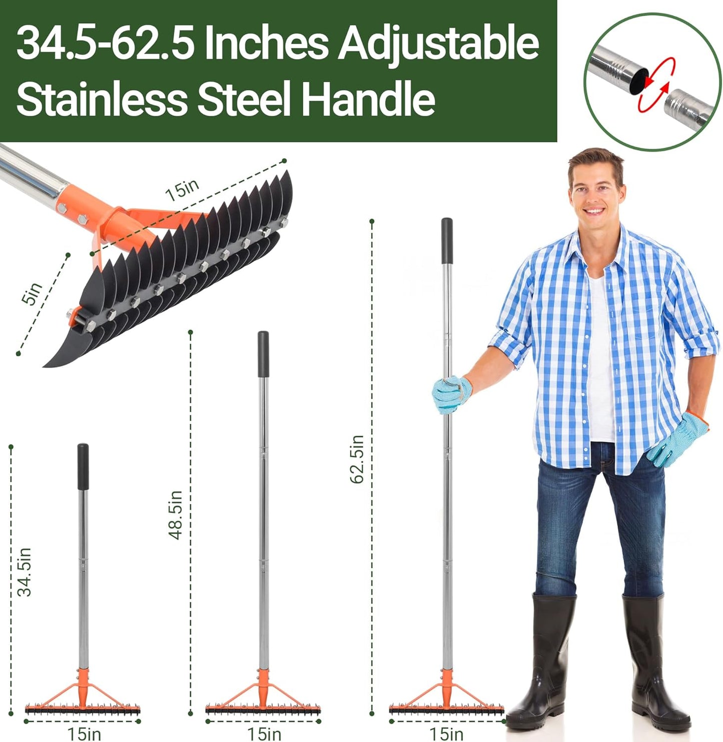 Thatch Rake for Lawns 18 Sharp Tempered Spring Steel Tines Dethatcher Rake Heavy Duty Dethatching Rakes with 62.5" Adjustable Stainless Steel Handle for Lawn Care，Dead Grass, Garden, Yard