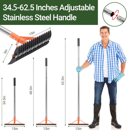 Thatch Rake for Lawns 18 Sharp Tempered Spring Steel Tines Dethatcher Rake Heavy Duty Dethatching Rakes with 62.5" Adjustable Stainless Steel Handle for Lawn Care，Dead Grass, Garden, Yard