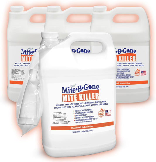 Mite Killer Treatment Spray Pack by Mite-B-Gone | Kills All Types of Mites, Dust, Spider, Rat, Carpet & Bird Mites | Safe for Homes, Furniture & Pets | Non-Toxic | Kid & Pet Friendly | 1 Gal 4-Pack