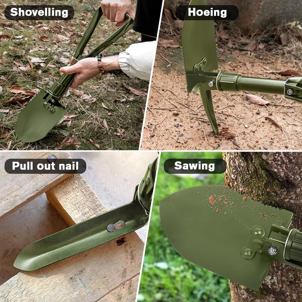 Camping Shovel, 18.5'' Digging Shovel Portable Ergonomic High Carbon Steel Folding Shovel for All Occasions Outdoor Camping Hiking Garden (Green/Silver)