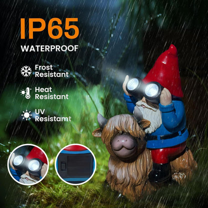 Gnome Garden Statue Solar Lights Outdoor Binoculars on Highland Cow,Birthday Gifts for Women/Men, Housewarming Gifts,Outdoor Decor for Balcony,Garden,Patio,Yard,Lawn(Cow Gnome)