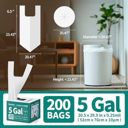 Small Trash Bags with Handles 5 Gallon 200 Count White - Ocean Plastic Upcycling - Plastic Garbage Bags, Can Bin & Waste Basket Liner for Kitchen, Bathroom, Office and Pets