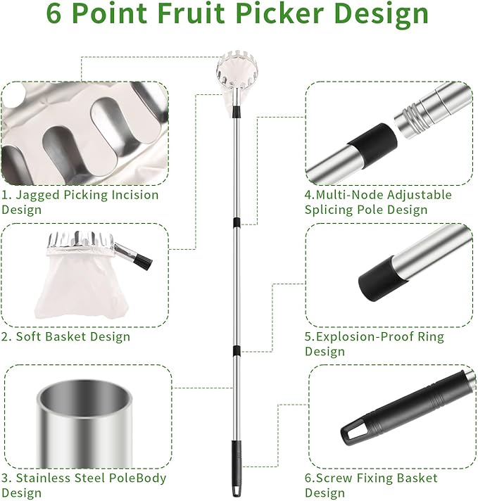 Fruit Picker Pole with Basket Telescoping 13Ft Adjustable Apple Picker Pole with Big Non-Woven Basket Fruits Harvesting Tool for Apples, Lemon, Orange