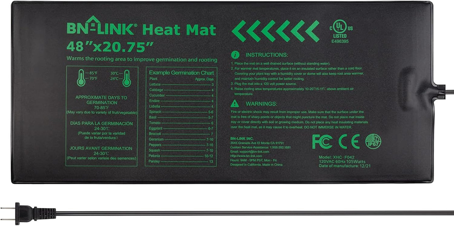 BN-LINK Seedling Heat Mat Warm Hydroponic Heating Pad Waterproof 48" x 20.75" for Seed Starting Greenhouse and Germination