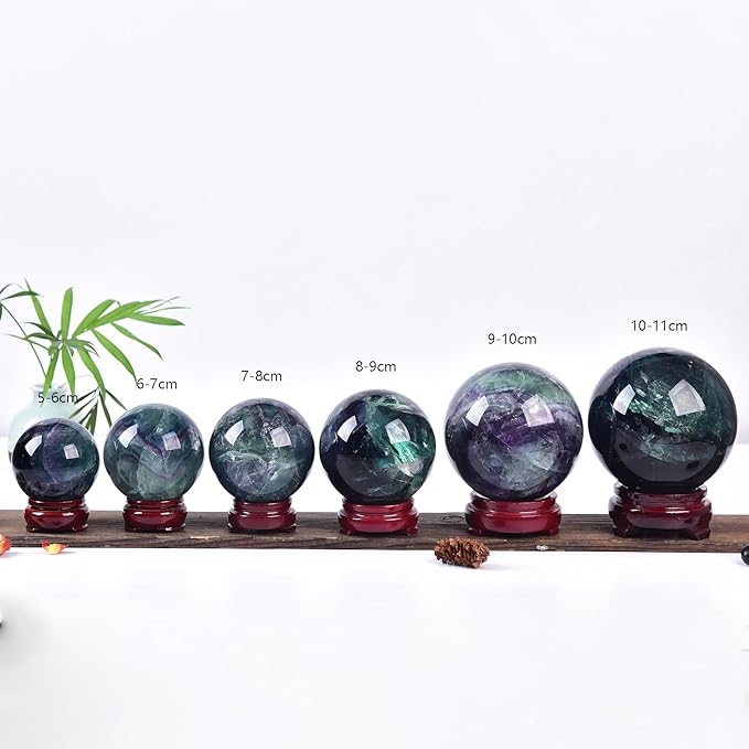 JIC Gem Large Colorful Fluorite Crystal Sphere Ball with Wooden Stand Fluorite Healing Decorative Ball 100-110mm
