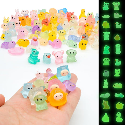 100pcs Luminous Mini Resin Animals Figures, Tiny Resin Animals Bulk, Glow in The Dark, for Miniature Fairy Garden Accessories Micro Landscape Aquarium Potted Decoration