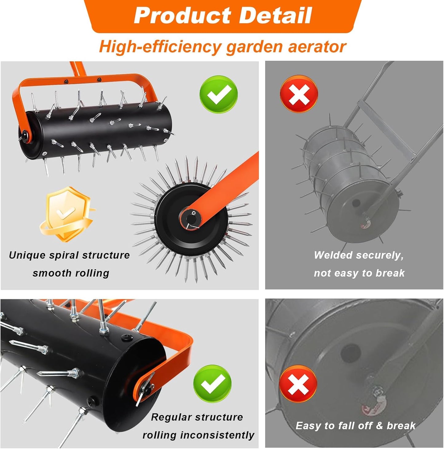 Rolling Lawn Aerator, Heavy Duty Hand Manual Spike Roller with 42 Spikes, Aerator Tool with 71" Adjustable Handle, Pre-Attached Spike Soil Push Lawn Aeration for Garden Yard Patio