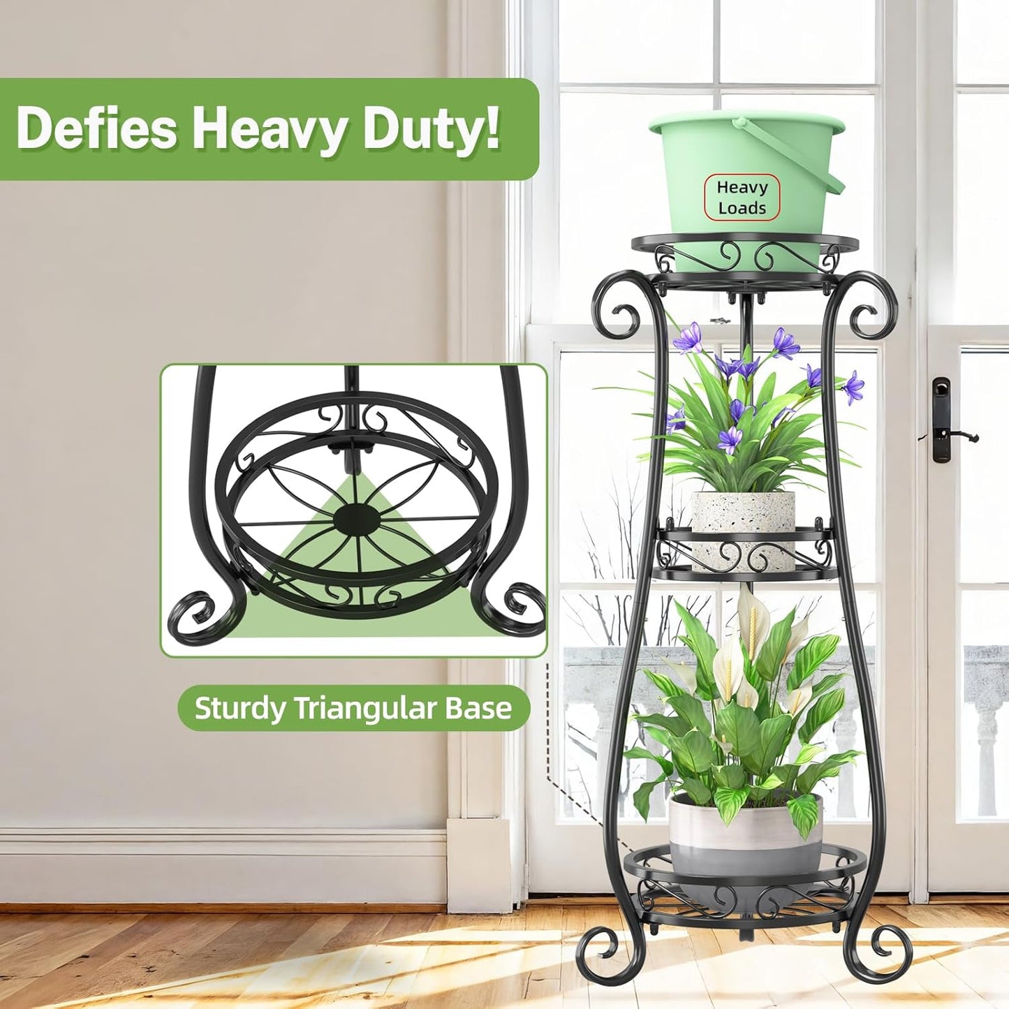 iDavosic.ly 3 Tier Metal Plant Stand Indoor Outdoor, Wrought Iron Corner Tall Flower Pot Holder Shelf, 34 Inch Vertical Heavy Duty Display Rack for Patio Porch Living Room Garden, Black