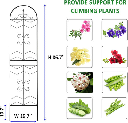 4 Pack Metal Garden Trellis 86.7" Tall Outdoor Climbing Plant Support for Roses, Flowers, Rustproof Durable Black Galvanized Tube, Lawn Garden Fence Decor Screen (4, Castle-86.7" H)