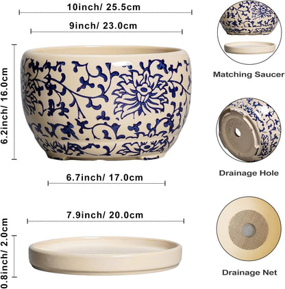 SQOWL 10 Inch Plant Pot Indoor - Ceramic Planter with Drainage Hole and Tray, Large Ceramic Flower Pots Outdoor, Porcelain Decorative Round Planter, Room Decor, Gifts for Plant Lovers, Blue and Beige