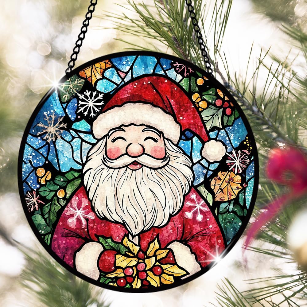 Santa Claus Stained Glass Window Hanging, Santa Stained Glass Window Hanging, Glass Ornament for Party Décor, Christmas Glass Decoration for Home, Merry Christmas Ornament Gifts for Family Friends