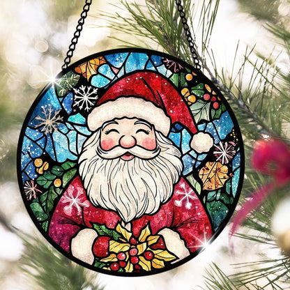 Santa Claus Stained Glass Window Hanging, Santa Stained Glass Window Hanging, Glass Ornament for Party Décor, Christmas Glass Decoration for Home, Merry Christmas Ornament Gifts for Family Friends