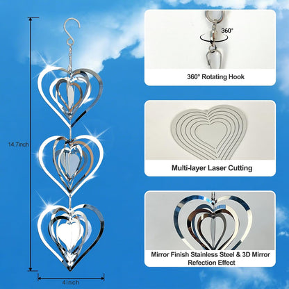 DELAVIDA Stainless Steel Bird Scare Devices, 3D Wind Spinners Outdoor, 9 Discs Set, Reflective Decor to Keep Swallow Pigeon Sparrow Away from House Patio Garden (Heart)