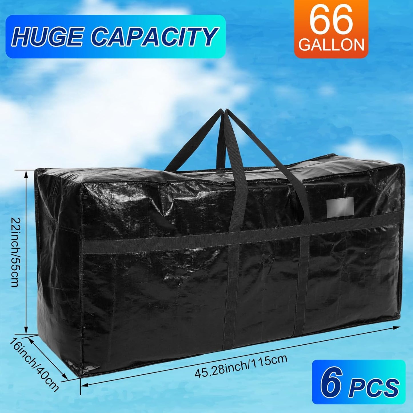 6 Pcs 66 Gallon Large Moving Bags with Zipper and Handles Foldable Storage Duffle Bags Heavy Duty Extra Large Totes for College Dorm Travel Clothes Blankets Bedding Moving (Black)