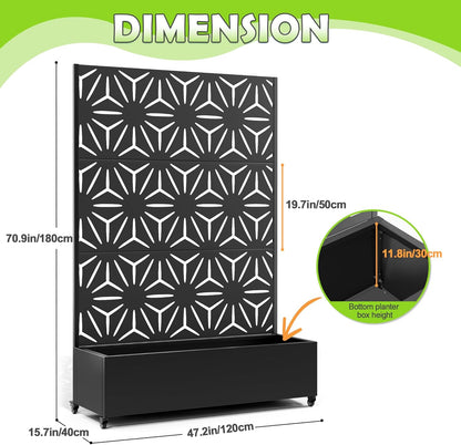 15.7"×70.9"×47.2" Metal Raised Garden Bed with Trellis and Wheels - Tall Trellis Planter Box for Climbing Plants, Vegetables & Vines - Outdoor Privacy Planters for Patio (Black-Star)
