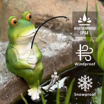 Frog Fishing Statue Garden Decor – 9.8" Weatherproof Resin Frog Fishing Sculpture Decor for Fish Ponds, Koi Ponds, Waterfalls, Poolside & Outdoor Gardens– Resin Figurine for Indoor & Outdoor Décor