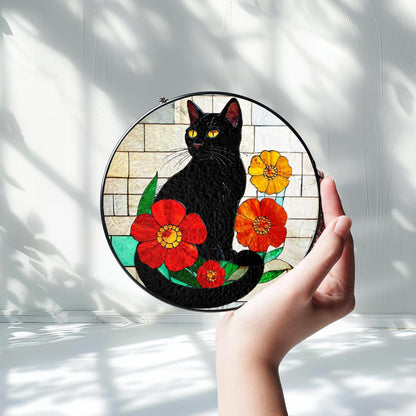 Black Cat Stained Glass Suncatchers Art Glass Cats Flowers for Sun Catcher Indoor Window Gifts for Pet Animal Nature Floral Lovers Women Grandma Mom Friend Painted Panel Décor