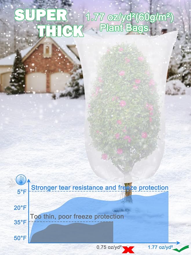 Abimars Plant Covers Freeze Protection Jacket 1.77 oz/yd², 3.2ft x 3.2ft Reusable Winter Plant Covers with Drawstring & Zipper, 2 Pack Light, Porous Fabric for Plant Breathing