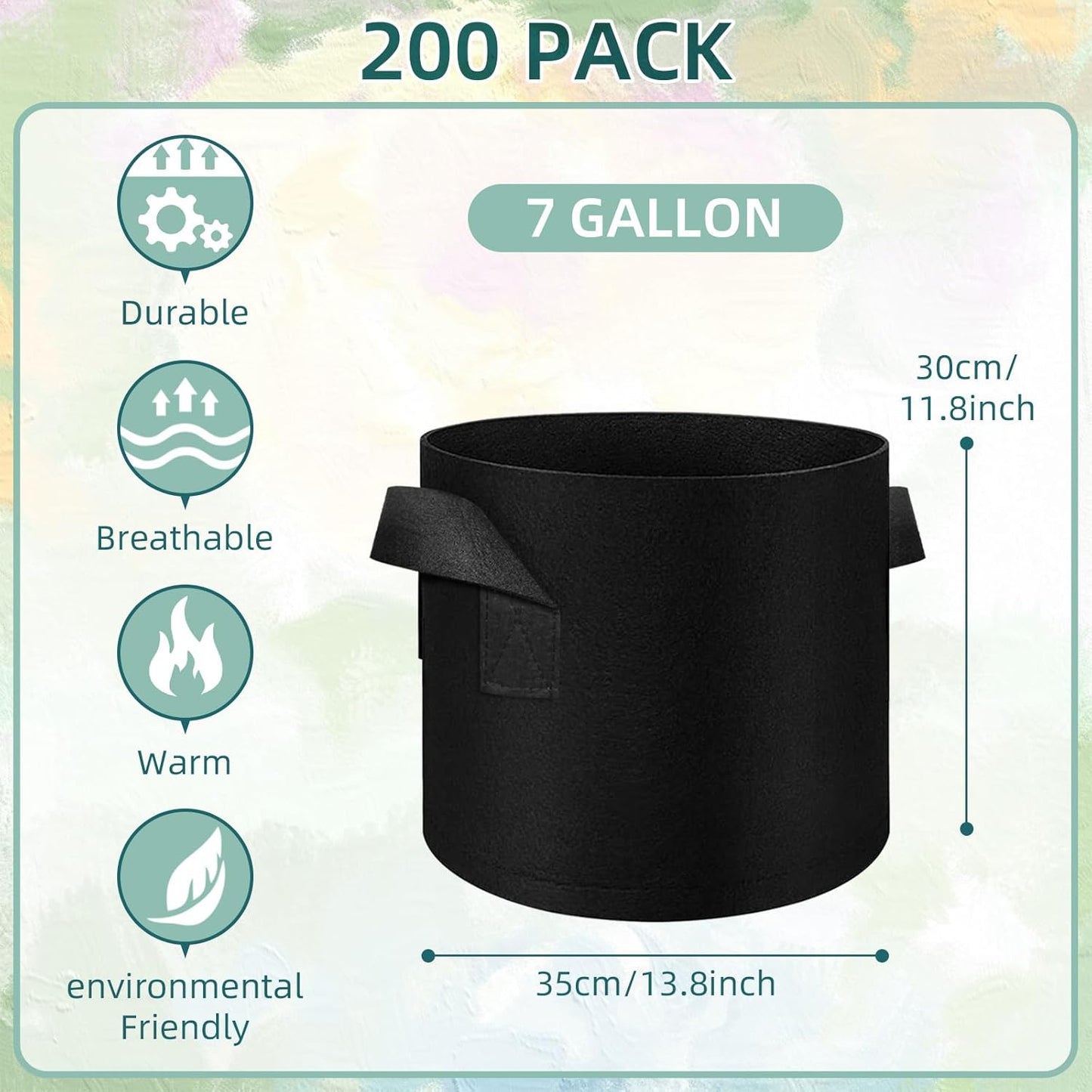 200 Pack 7 Gallons Grow Bags, Non-Woven Fabric Pots Plant Bags, Plant Grow Bags with Handles, Garden Plant Bags for Potatoes, Carrots, Tomatoes and Other Vegetable,Fruits