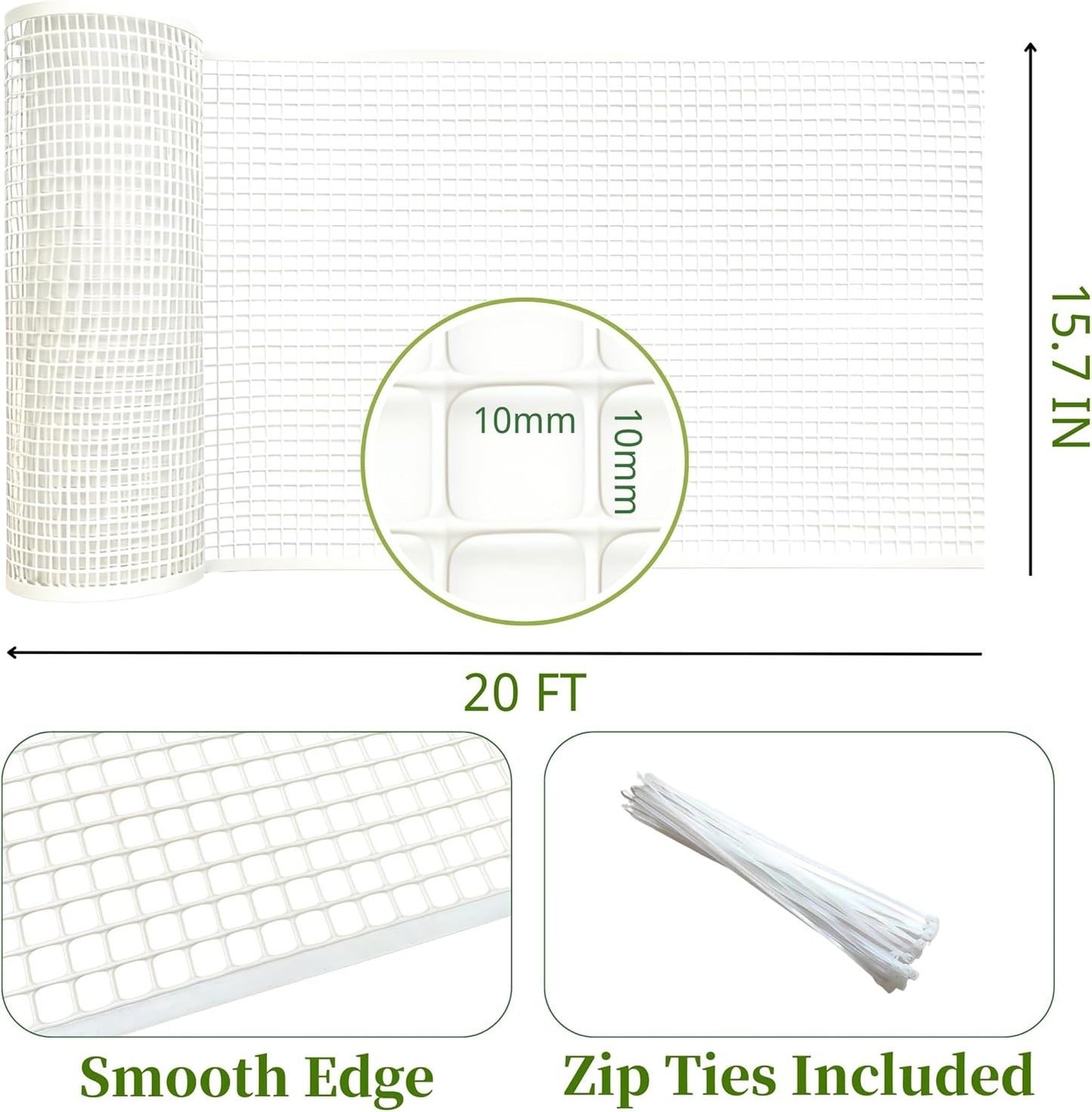 PotatoLife Plastic Wire Mesh Fence, Balcony Fence for Baby and Pets, Safety Fence, Stair Protector, Poultry, Garden, Tree Support, Durable Material, Free Zip Ties (White, 15.7'' x 20')