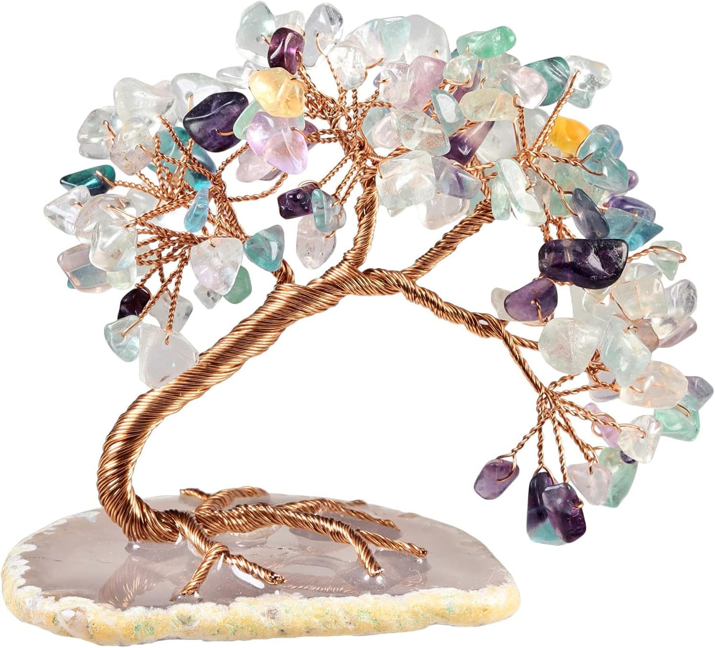 TUMBEELLUWA Reiki Crystal Money Tree with Agate Slice Base Feng Shui Stone Bonsai Tree Figure Decor for Happiness Good Luck and Wealth, Fluorite