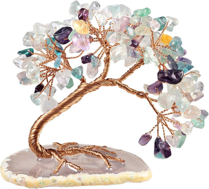 TUMBEELLUWA Reiki Crystal Money Tree with Agate Slice Base Feng Shui Stone Bonsai Tree Figure Decor for Happiness Good Luck and Wealth, Fluorite