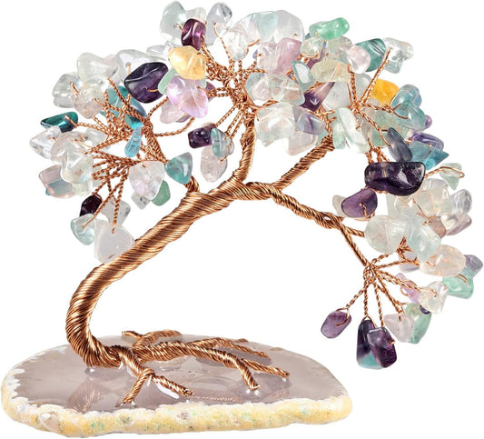 TUMBEELLUWA Reiki Crystal Money Tree with Agate Slice Base Feng Shui Stone Bonsai Tree Figure Decor for Happiness Good Luck and Wealth, Fluorite