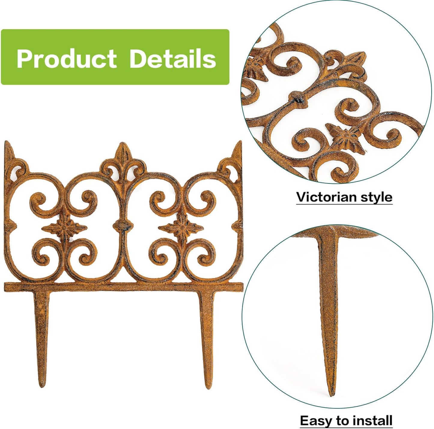 Sungmor Decorative Cast Iron Garden Edging, 4 Pack Full Rusted Victorian Garden Edging Landscape Border, Vintage Metal Yard Stake Low Picket Fence, 10.6" Tall Outdoor Flower Bed Lawn Fence Panels