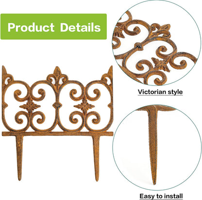 Sungmor Decorative Cast Iron Garden Edging, 4 Pack Full Rusted Victorian Garden Edging Landscape Border, Vintage Metal Yard Stake Low Picket Fence, 10.6" Tall Outdoor Flower Bed Lawn Fence Panels