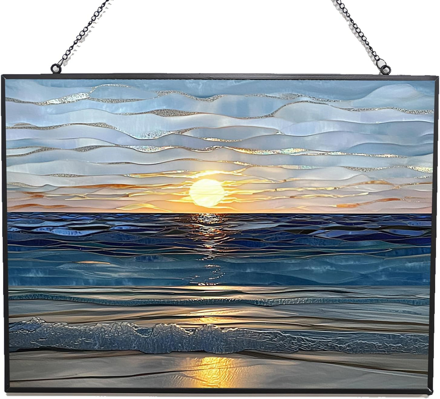 Rectangle Sun Set Beach Stained Glass Window Hanging Sun Catchers Indoor Window Decor, Stained Glass Suncatcher Gifts for Women, Christmas