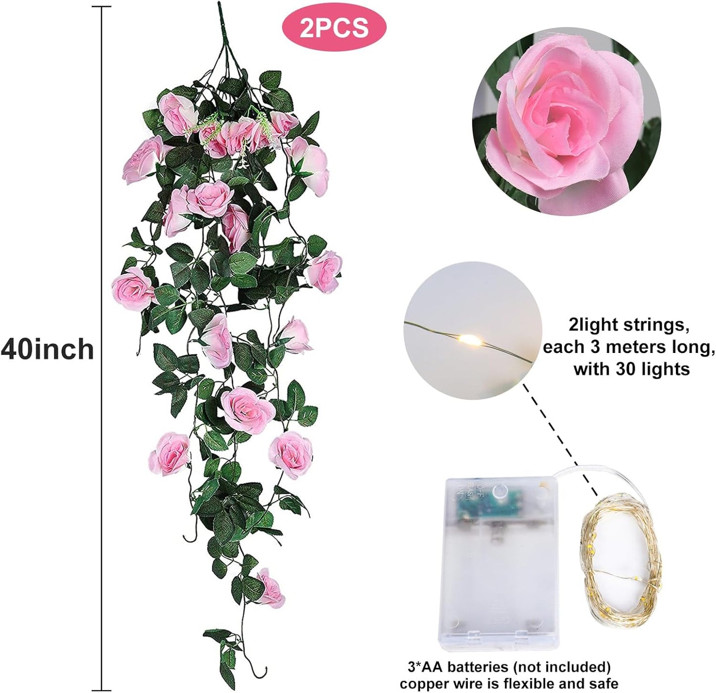 RECUTMS Hanging Flowers Artificial Rose Flower 2PCS 3.3Ft for Outdoors with 30 LED Fairy String Lights Fake Outdoor (Pink)