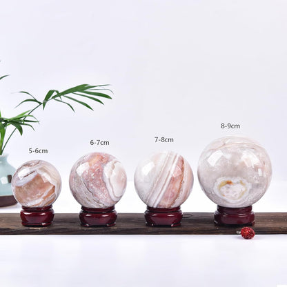 JIC Gem Large Pink Crystal Sphere with Stand Agate Crystal Ball Gemstone Decorative Ball for Home Decor Altar Reiki Healing Gift 80-90mm