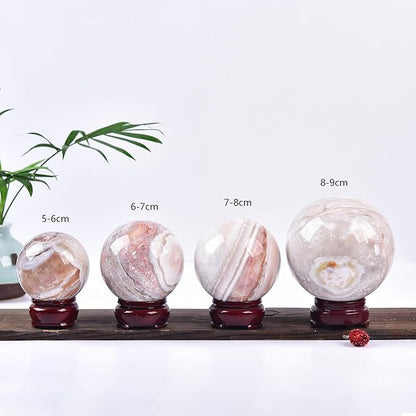 JIC Gem Pink Agate Crystal Ball with Wooden Stand Pink Healing Crystal Sphere Ball for Feng Shui Decor Spiritual Gifts 60-70mm
