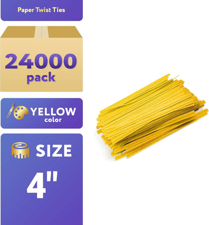 APQ Yellow Metallic Twist Ties for Bags, 4 inches. 24000 Pack Plastic-Coated Bread Twist Ties for Treat Bags. Reusable Bread Ties. Light Metallic Twist Tie. Heavy-Duty Twisty Ties for Bags