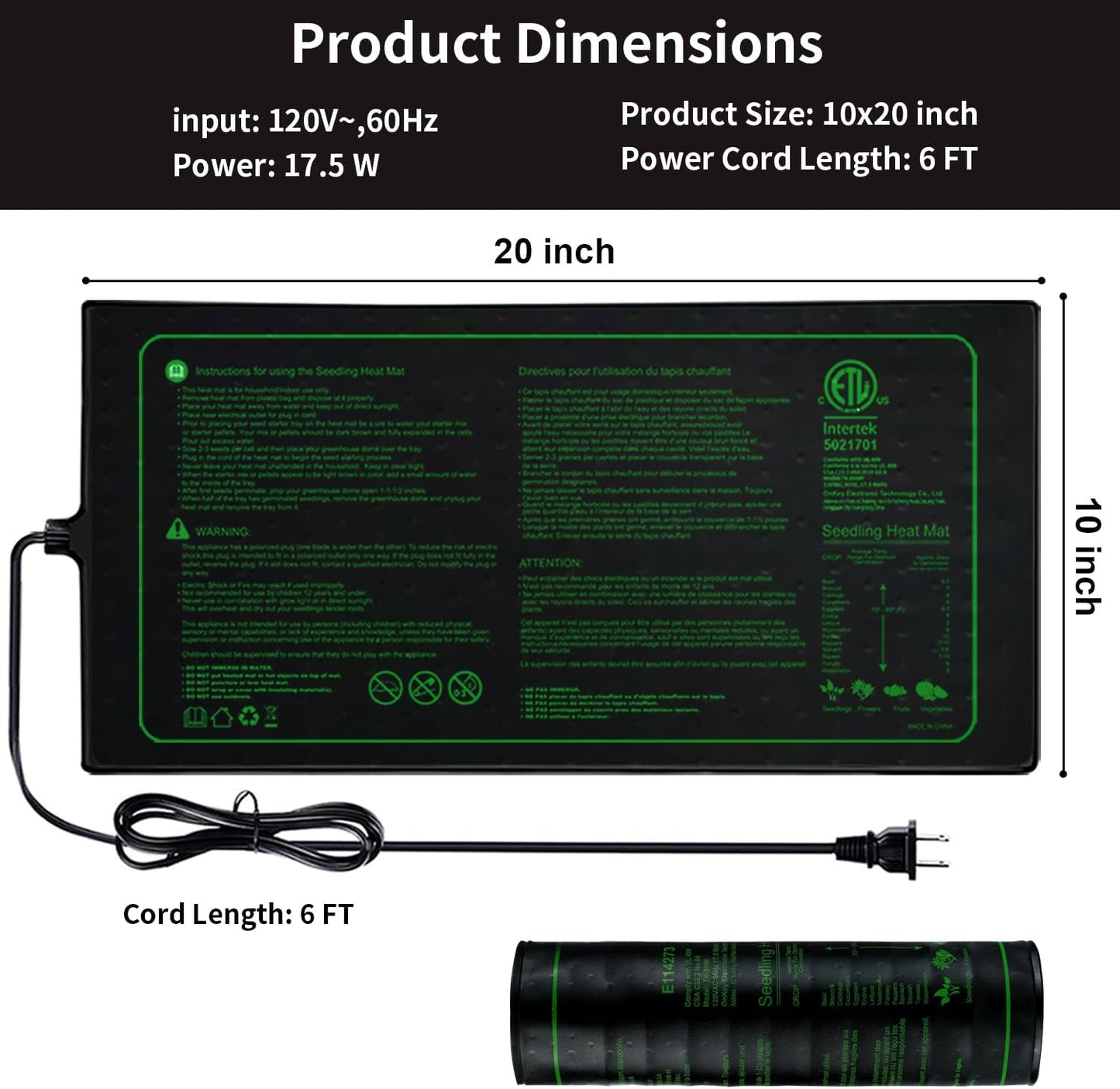 Upgrade 20" x 10" Durable Waterproof Seedling Heat Mat with ETL Certified, Warm Hydroponic Heating Pad for Germination,Indoor Plant Gardening and Cutting, Brewing and Seed Starting Greenhouse