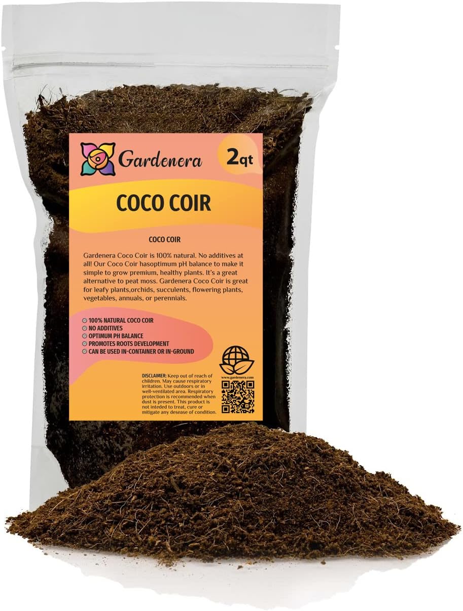 Premium Organic Coconut Coir Mix for Home Gardening - All Natural Soil Amendment - PH Balanced and Double Washed Coco Coir by Gardenera (2 Quart Bag)