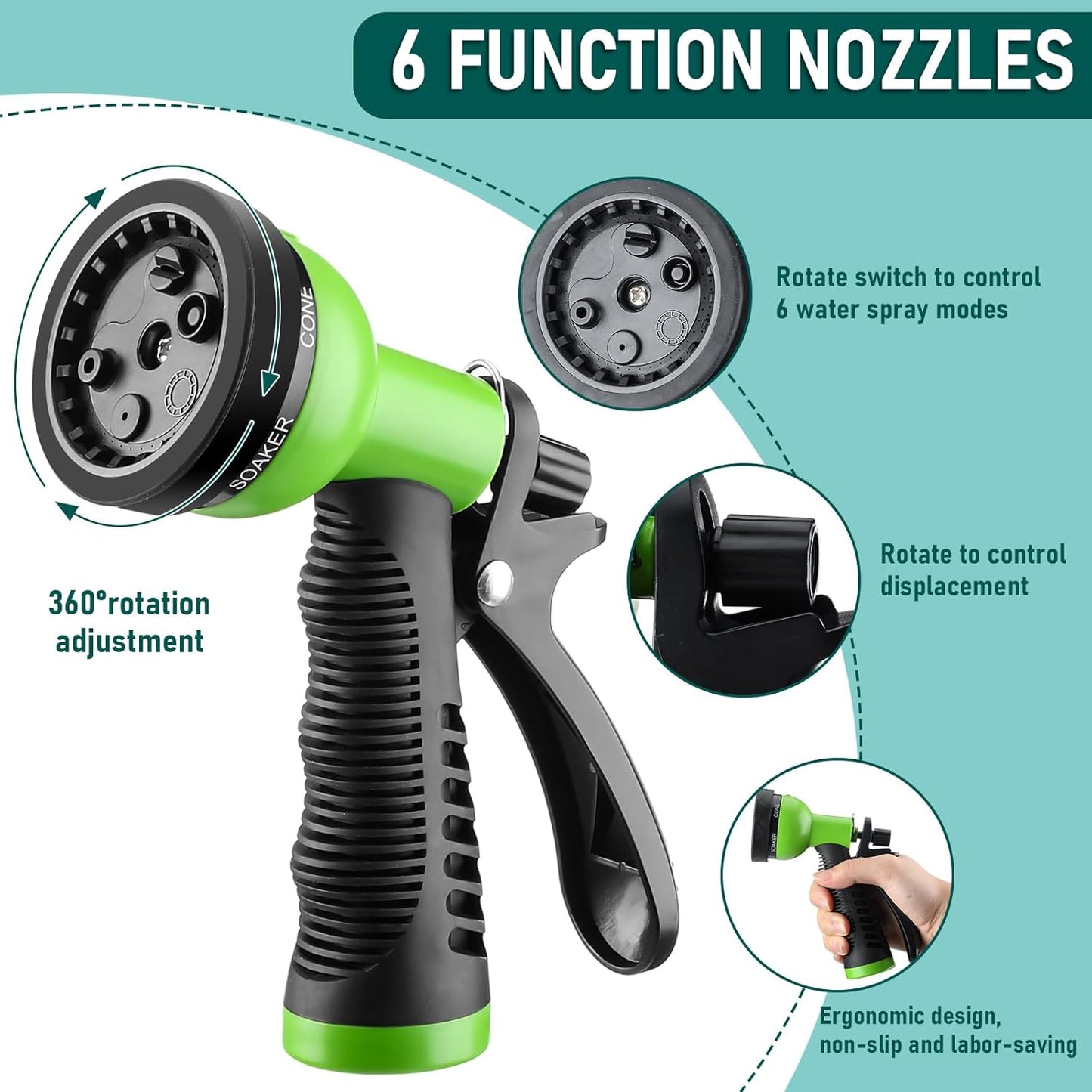 Pangda 50 Ft x 3/8'' Coil Garden Hose EVA Recoil Garden Self Coiling Expanding Water Hose with 6 Function Spray Nozzle Universal 3/4'' Brass Connector Fitting for Outdoor Yard(Green)