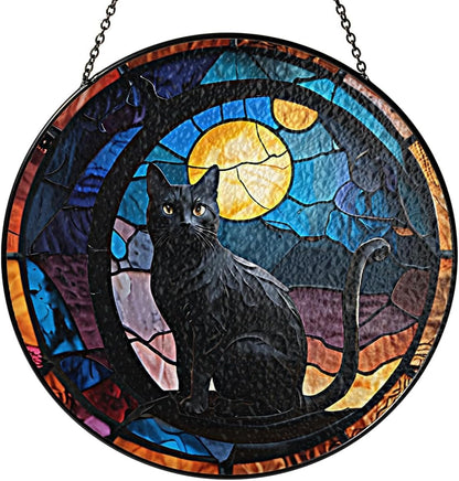 7.8" Dark Cat and Moon Stained Glass Suncatchers Art Glass Cats for Indoor for Pet Animal Nature Floral Lovers Women Grandma Mom Friend Painted Panel Décor PET-02D-SG8