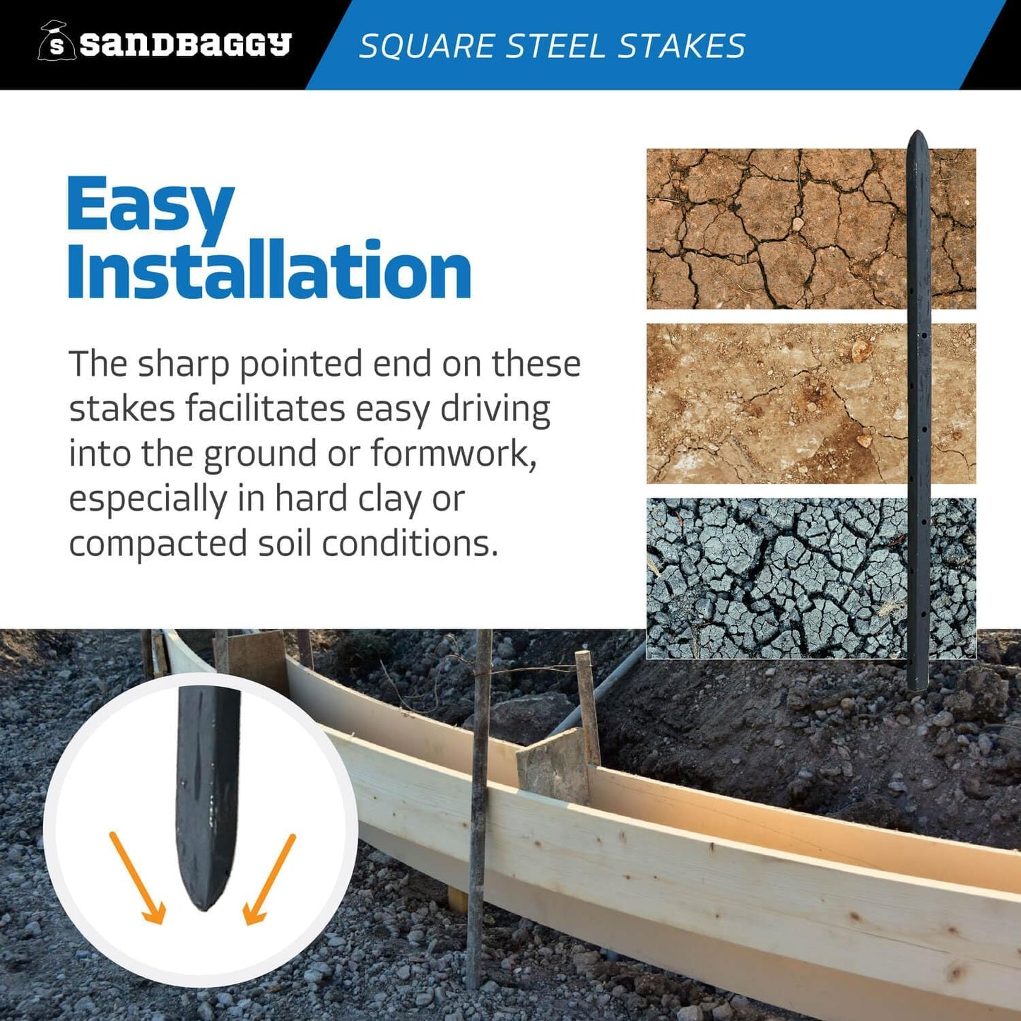 Sandbaggy 18" Square Steel Concrete Form Stakes with Nail Holes - 5/8" Wide - Rust Resistant - Removable/Reusable - Construction Grade Rebar Pins (Square Nail Stakes, 10, Count)