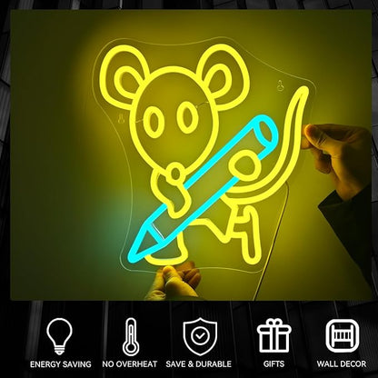 Pencil Mouse Neon Sign Yellow Led Neon Signs Classroom Neon Lights for Wall Decor Dimmable Light Up Sign for Classroom Bookstore Library Bookish Museum Teen Gifts (USB Powered 5V/2A)