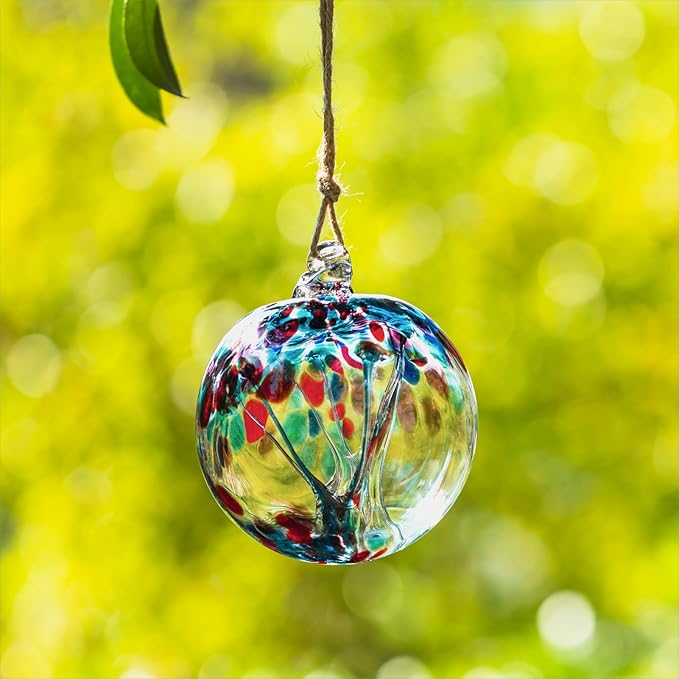 4” Tree of Life Witch Balls, Gazing Balls Hanging Friendship Balls, Hand-Blown Glass Christmas Ornament for Window Outdoor Home Decor, Garden Decoration, Gifts for Women (Teal Blue)